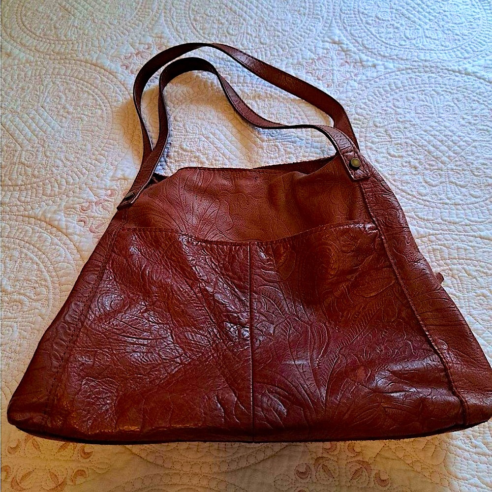 Elegant Brown Tooled Leather Shoulder Bag